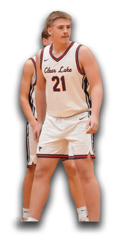 A man wearing a basketball uniform stands on a basketball court. AI generated content