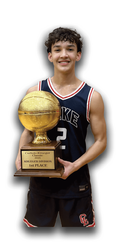 A young man holding a trophy for being the first place winner in basketball. AI generated content