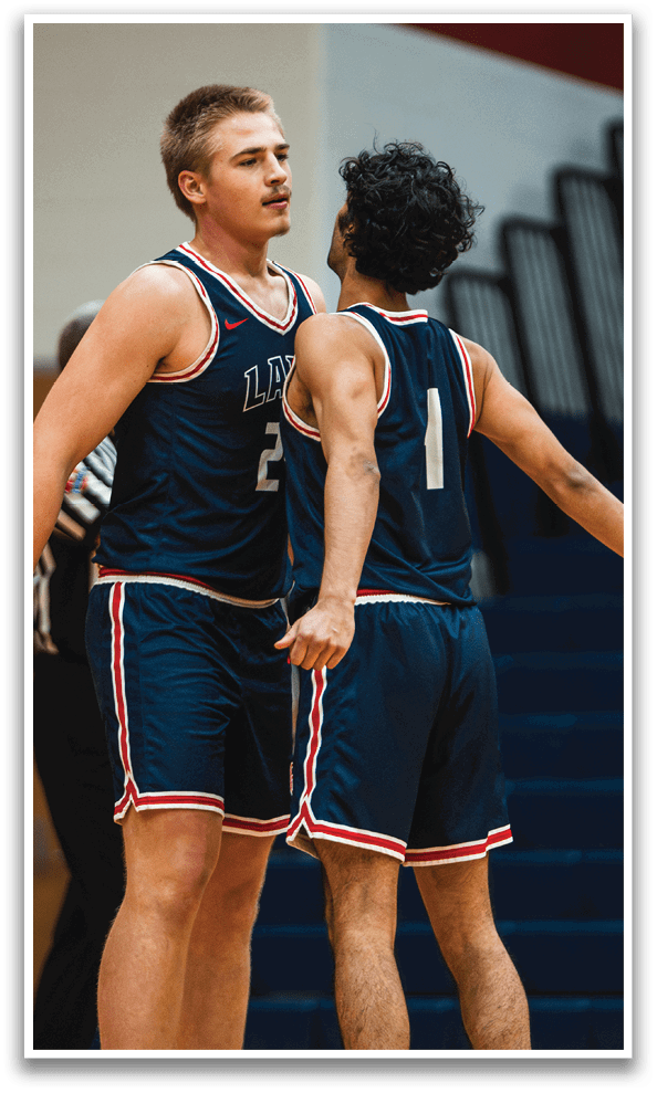 Two men wearing basketball uniforms are standing on a basketball court, talking to each other. AI generated content