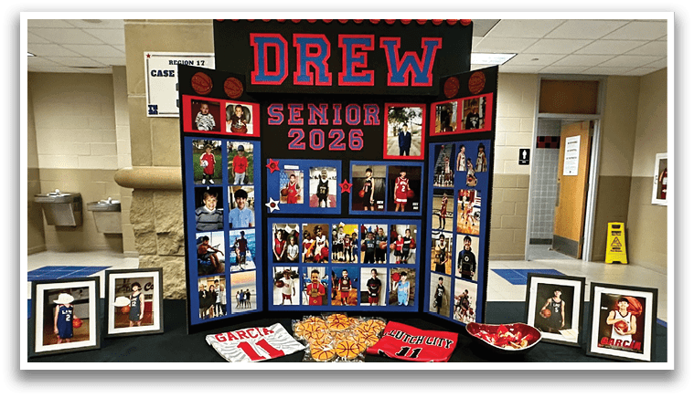 A display of photos and memorabilia for a senior named Drew. AI generated content