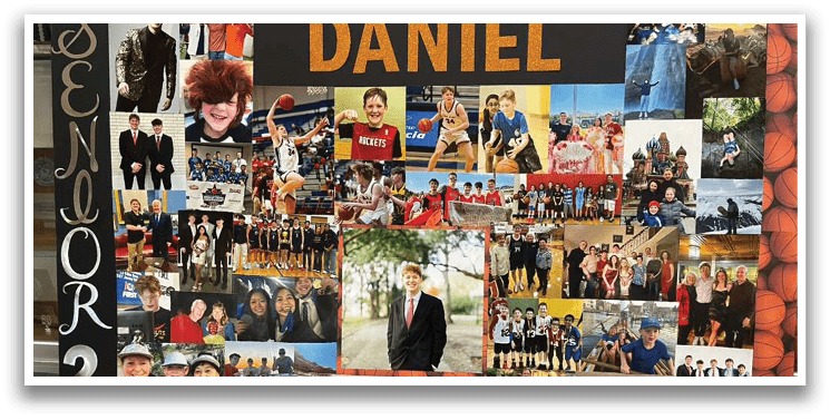 A collage of photos featuring a man named Daniel is displayed. The photos include a variety of subjects, such as a man wearing a tie, a man in a suit, and a man in a red shirt. The collage also includes a picture of a man with a basketball, a picture of a man with a baseball, and a picture of a man with a football. The photos are arranged in a visually appealing manner, showcasing the different aspects of Daniel's life. AI generated content