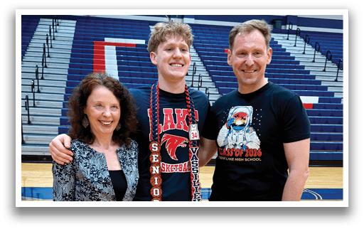 A man and woman pose with a boy in a basketball uniform. AI generated content