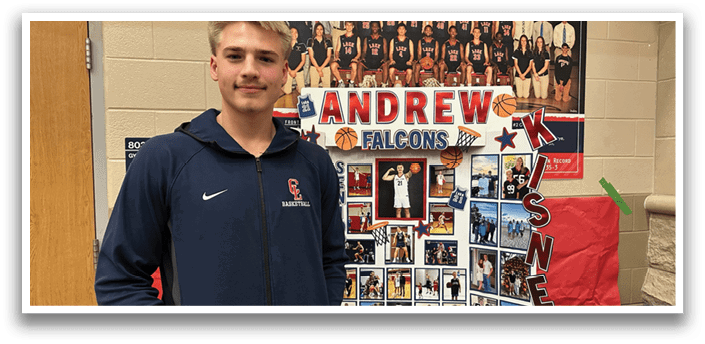 A young man wearing a blue jacket stands in front of a display featuring a basketball team. AI generated content