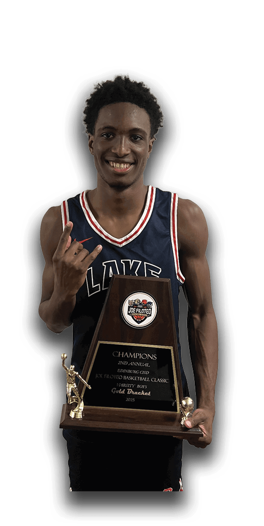 A young man wearing a basketball jersey and holding a trophy. AI generated content