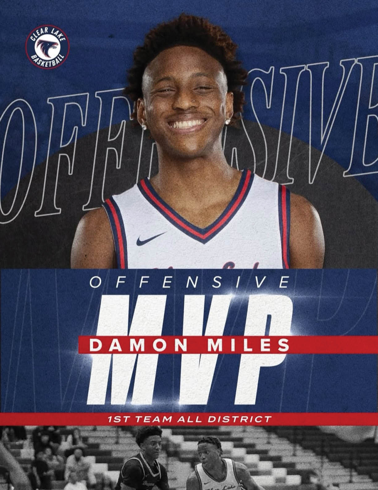 A basketball player named Damon Miles is smiling and wearing a jersey. AI generated content