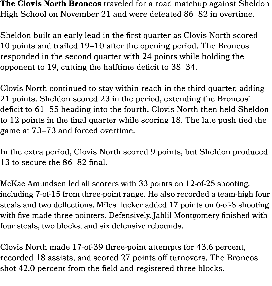 The Clovis North Broncos traveled for a road matchup against Sheldon High School on November 21 and were defeated 86–...