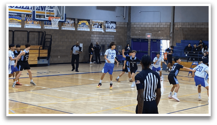 A group of men playing basketball in a gym. AI generated content