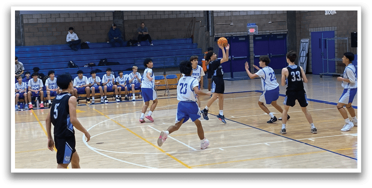 A group of young men playing basketball on a court. AI generated content