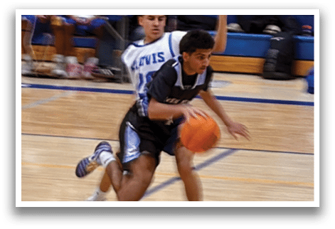Two boys playing basketball on a court. AI generated content