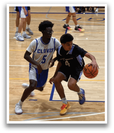 Two basketball players from different teams are running for the ball. AI generated content