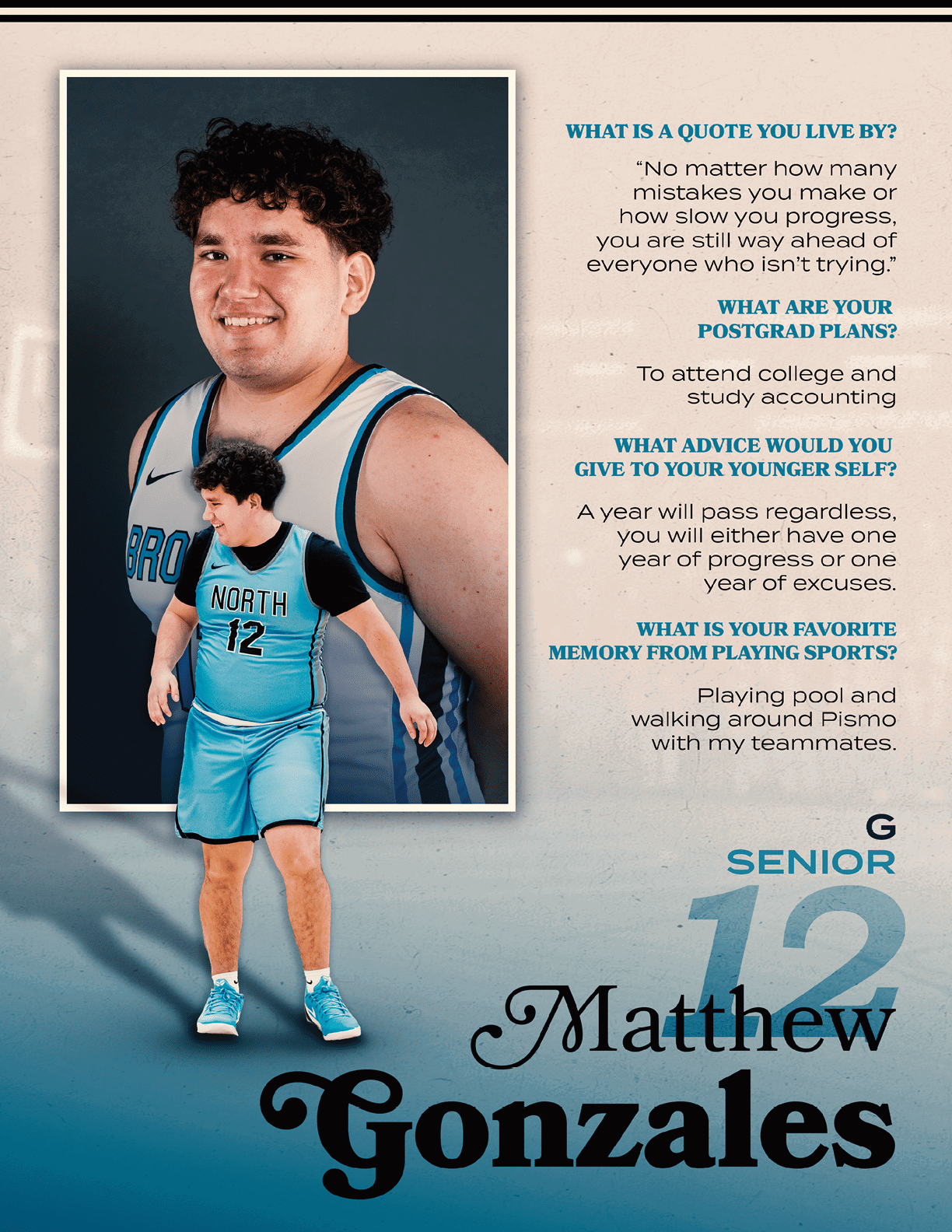 A young man wearing a basketball uniform is standing in front of a sign that says “What is the quote you live by?" AI generated content