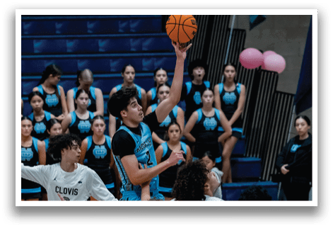 A basketball player is jumping to shoot the ball while a group of people watch. AI generated content