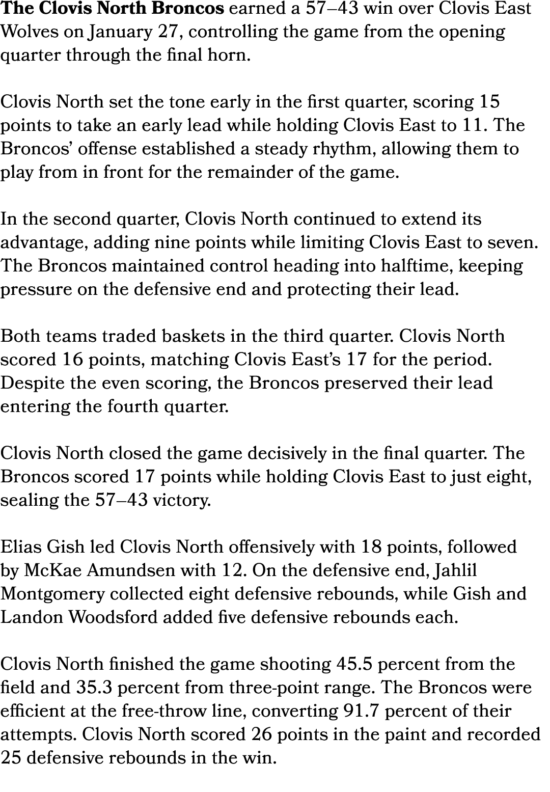 The Clovis North Broncos earned a 57–43 win over Clovis East Wolves on January 27, controlling the game from the open...