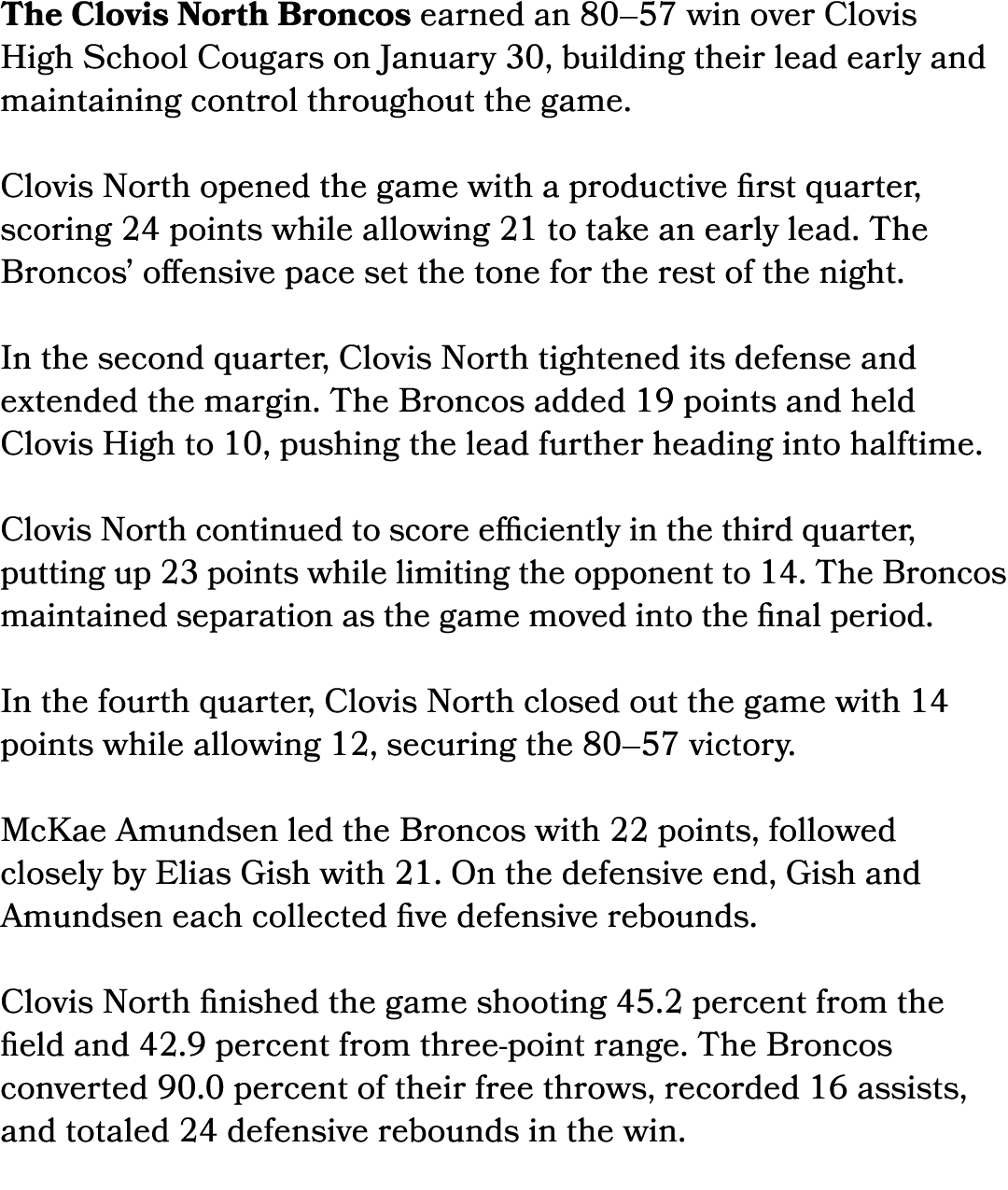 The Clovis North Broncos earned an 80–57 win over Clovis High School Cougars on January 30, building their lead early...