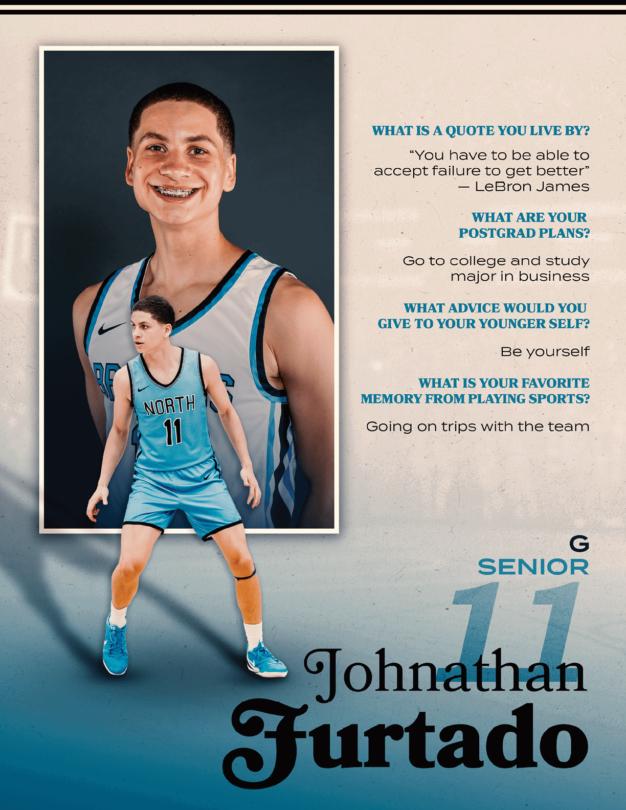 A man wearing a basketball uniform is smiling and posing for a picture. AI generated content