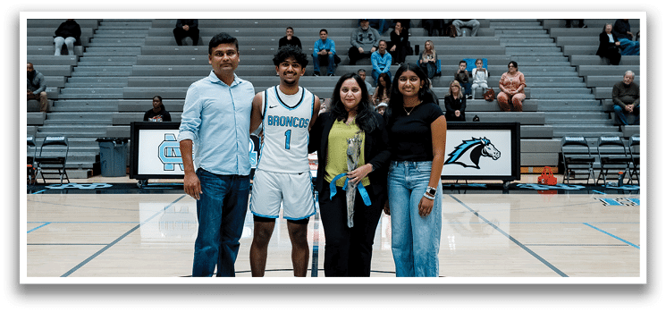 A group of people posing for a photo on a basketball court. AI generated content