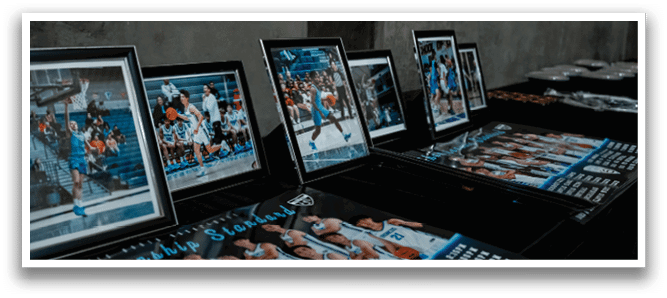 A display of photos and posters of basketball players. AI generated content