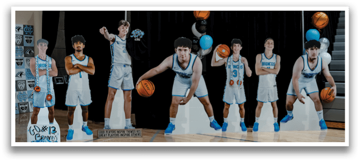 A group of basketball players are posing for a picture on a basketball court. AI generated content