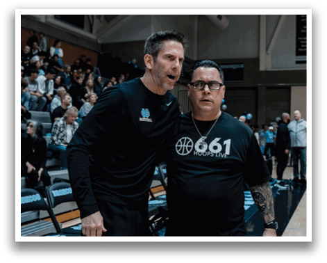 Two men are standing on a basketball court, one wearing a black shirt with the number 661 on it. AI generated content