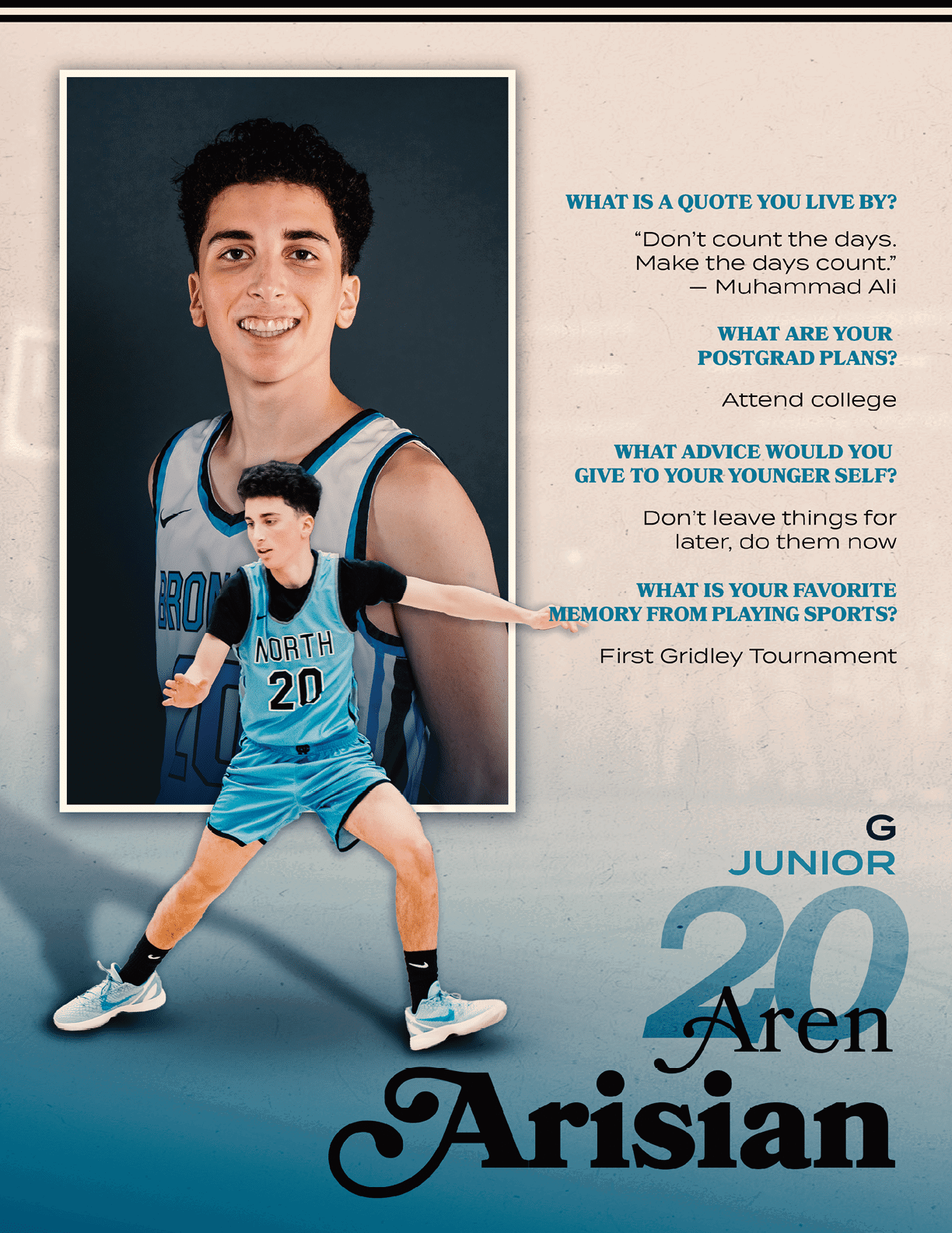 A young man wearing a basketball uniform is featured on a poster. AI generated content