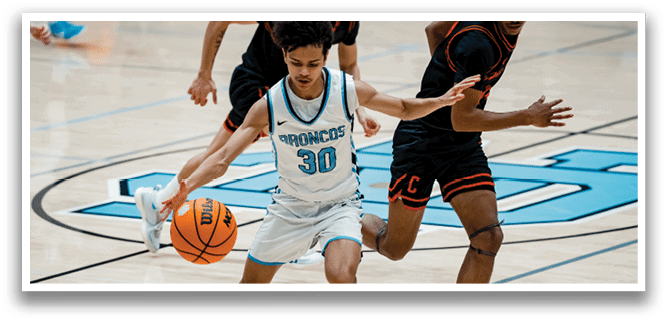 Two basketball players are running for the ball on a court. One player is wearing a blue jersey with the number 30 on it. AI generated content