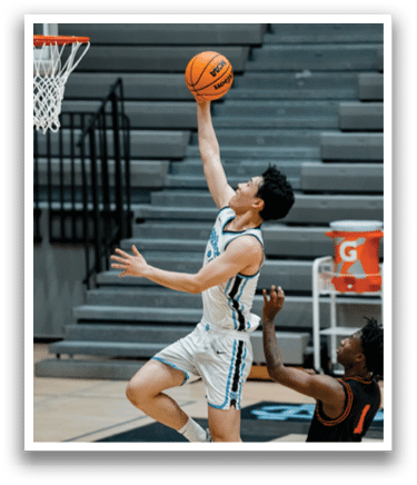 Two basketball players are leaping for the ball, one of them is wearing a white jersey. AI generated content