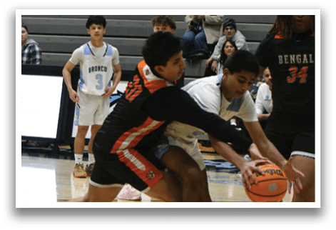 Two basketball players are fighting for the ball, with one player attempting to take possession of it. AI generated content