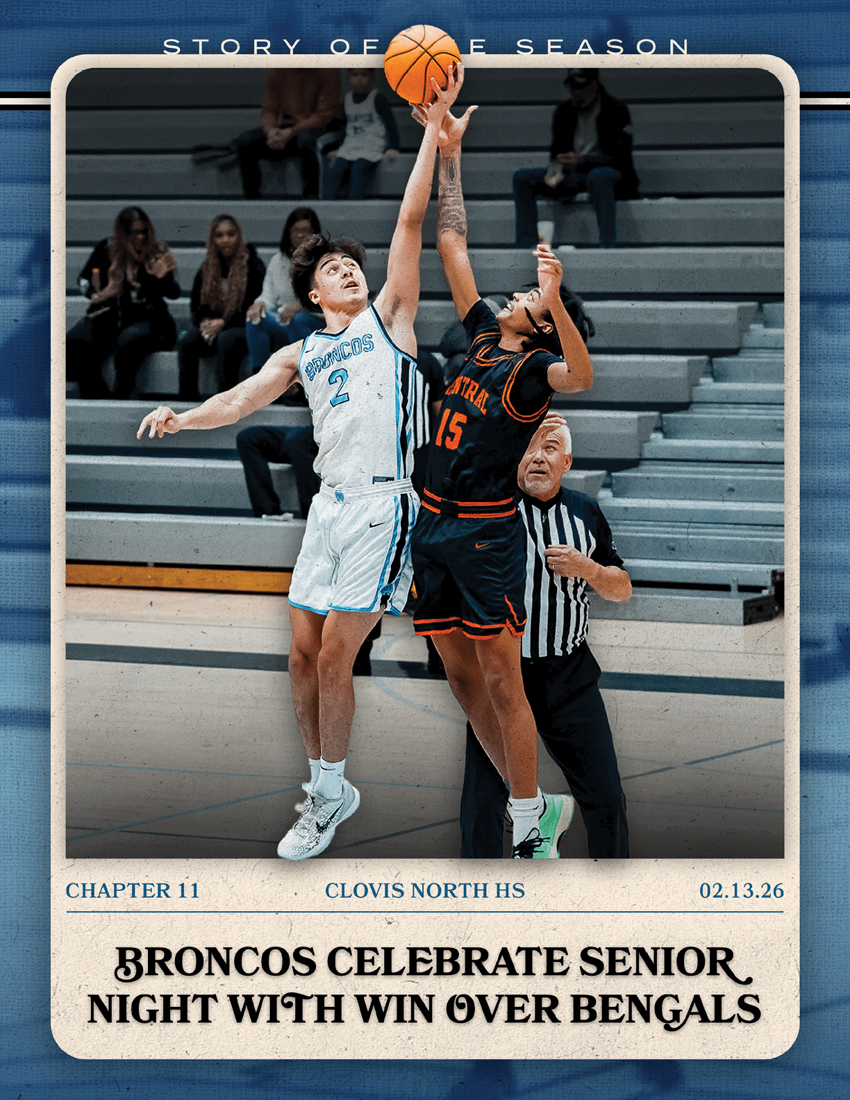 Basketball players from the Broncos celebrate with a senior night win over the Bengals. AI generated content