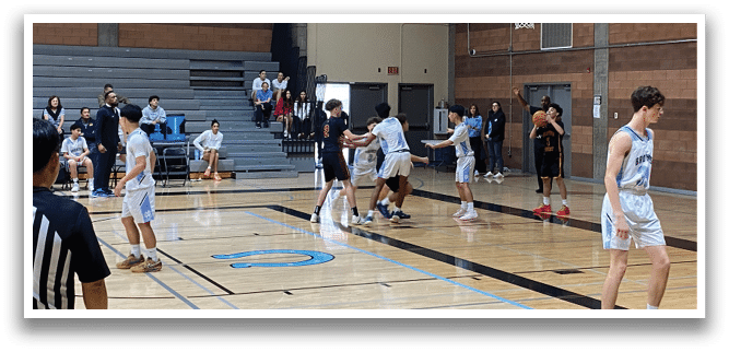 A group of people playing basketball on a court. AI generated content