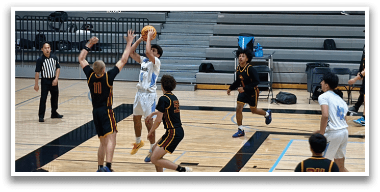 A group of men playing basketball on a court. AI generated content