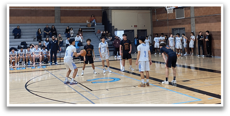 A group of people playing basketball in a gym. AI generated content