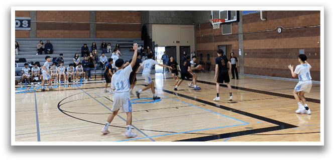 A group of people playing basketball in a gym. AI generated content