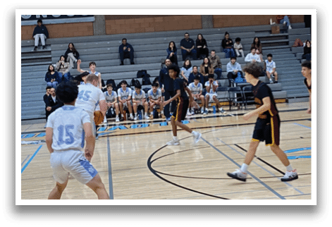 A group of people playing basketball in a gym. AI generated content