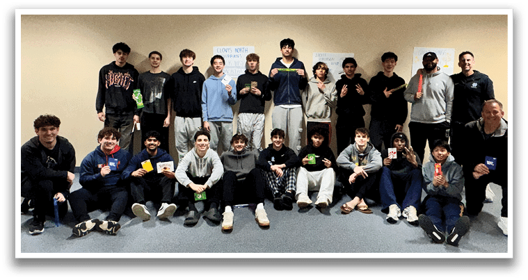 A group of people are gathered around a table with a strip of black tape on it. AI generated content