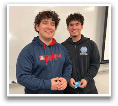 Two men standing in front of a box of donuts. AI generated content