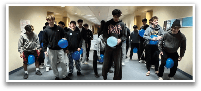 A group of people are standing in a hallway, holding blue balloons. AI generated content