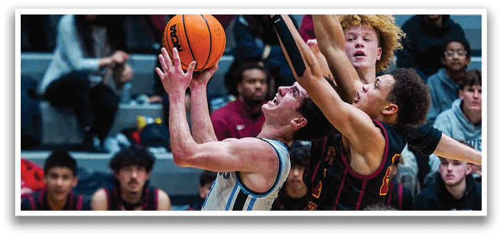 A basketball player is jumping to grab the ball while two other players try to block him. AI generated content