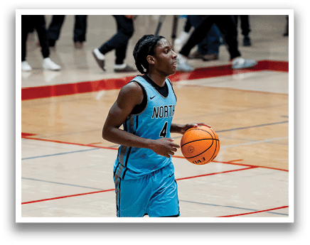 A basketball player wearing a blue uniform and number 4 jersey is holding a basketball. AI generated content