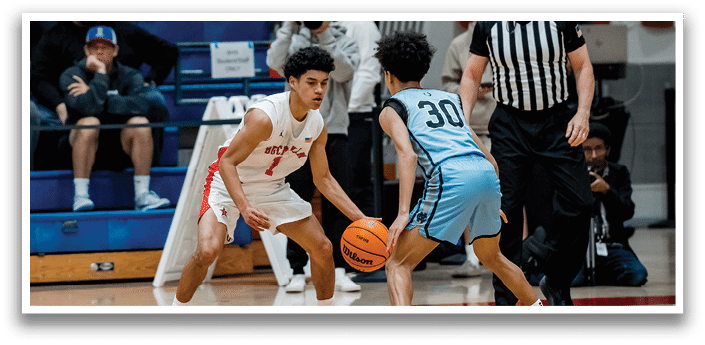 Two basketball players on a court, one holding a basketball, with a referee and a photographer watching. AI generated content