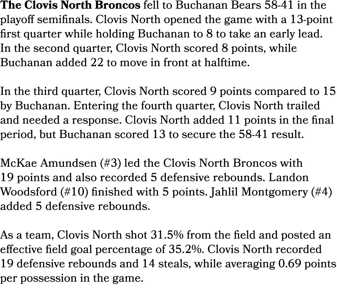 The Clovis North Broncos fell to Buchanan Bears 58 41 in the playoff semifinals. Clovis North opened the game with a ...