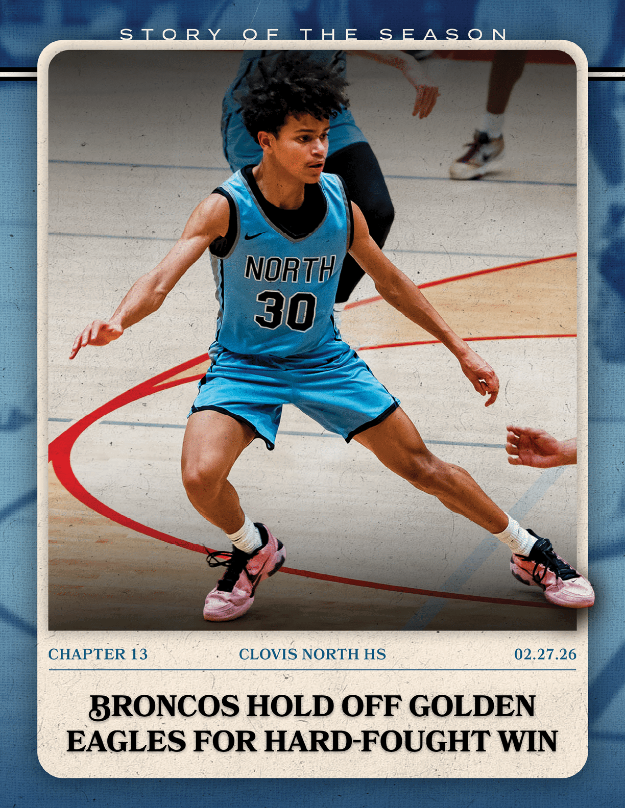 A basketball player wearing a blue and white uniform is holding his arms out while playing. AI generated content