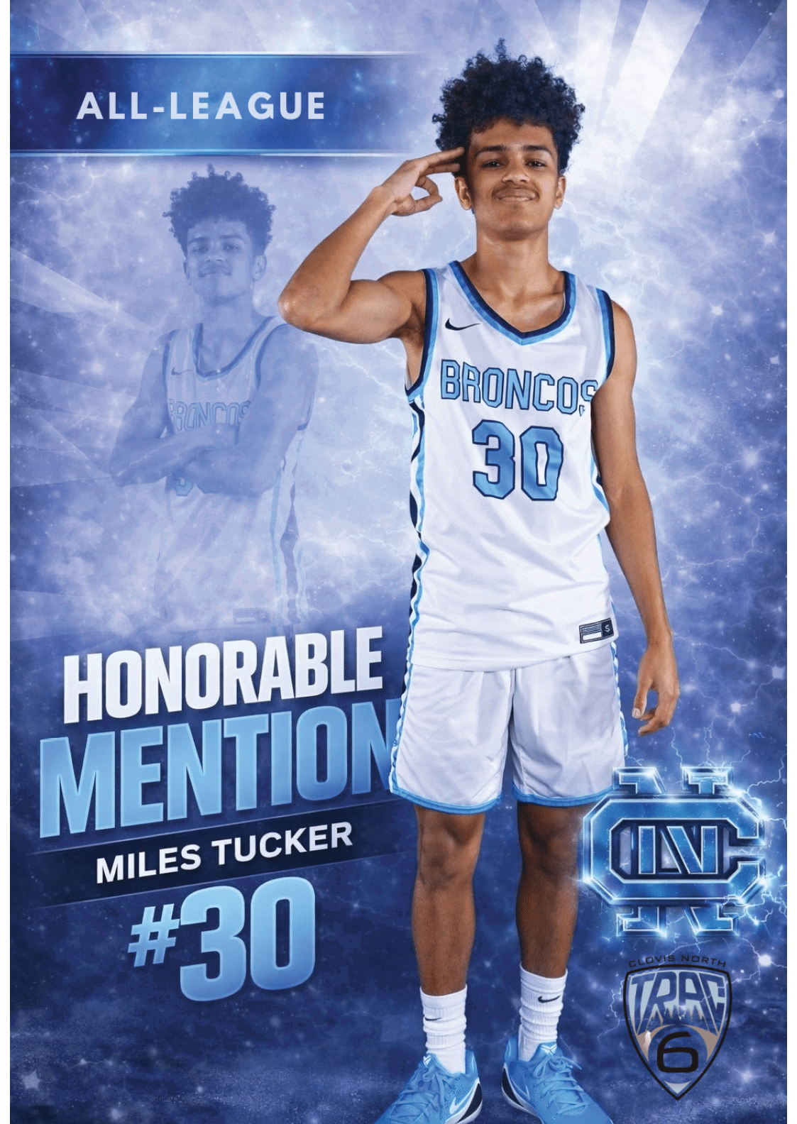 A young man wearing a blue and white uniform with the number 30 on the back poses for a picture. AI generated content