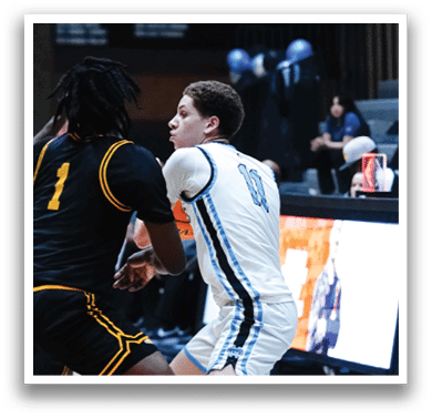 Two basketball players on a court, one wearing a black jersey and the other wearing a white jersey. AI generated content