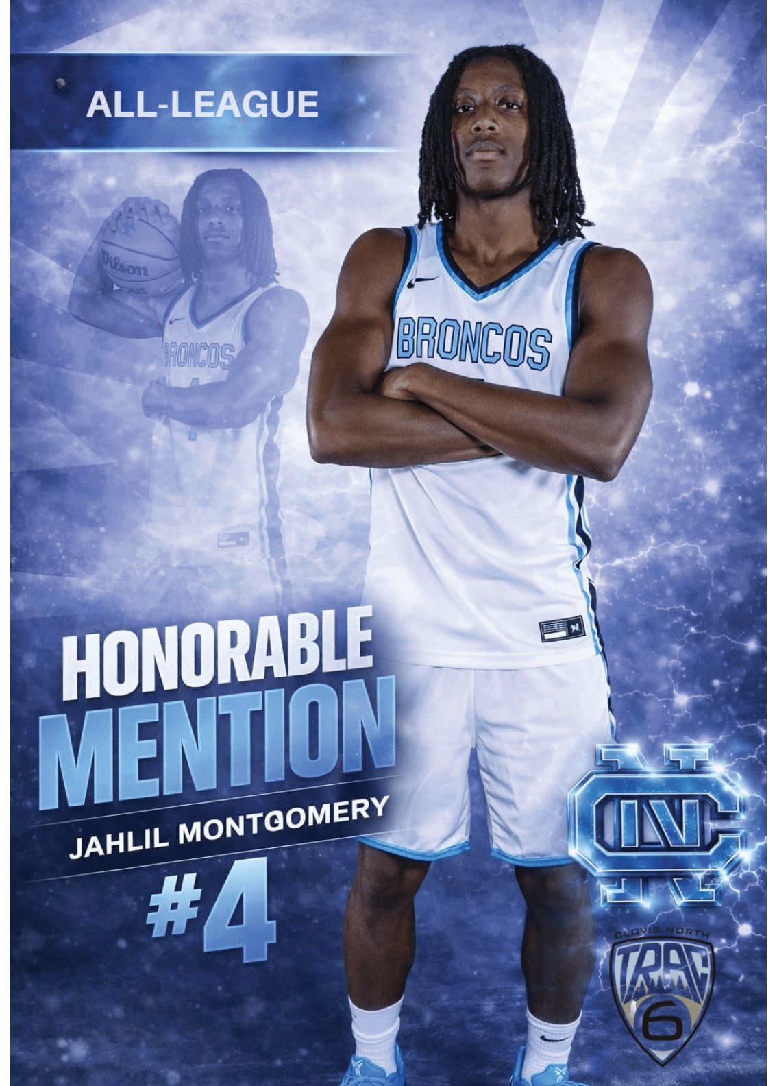 A football player wearing a blue and white uniform with the number 4 on the back. AI generated content