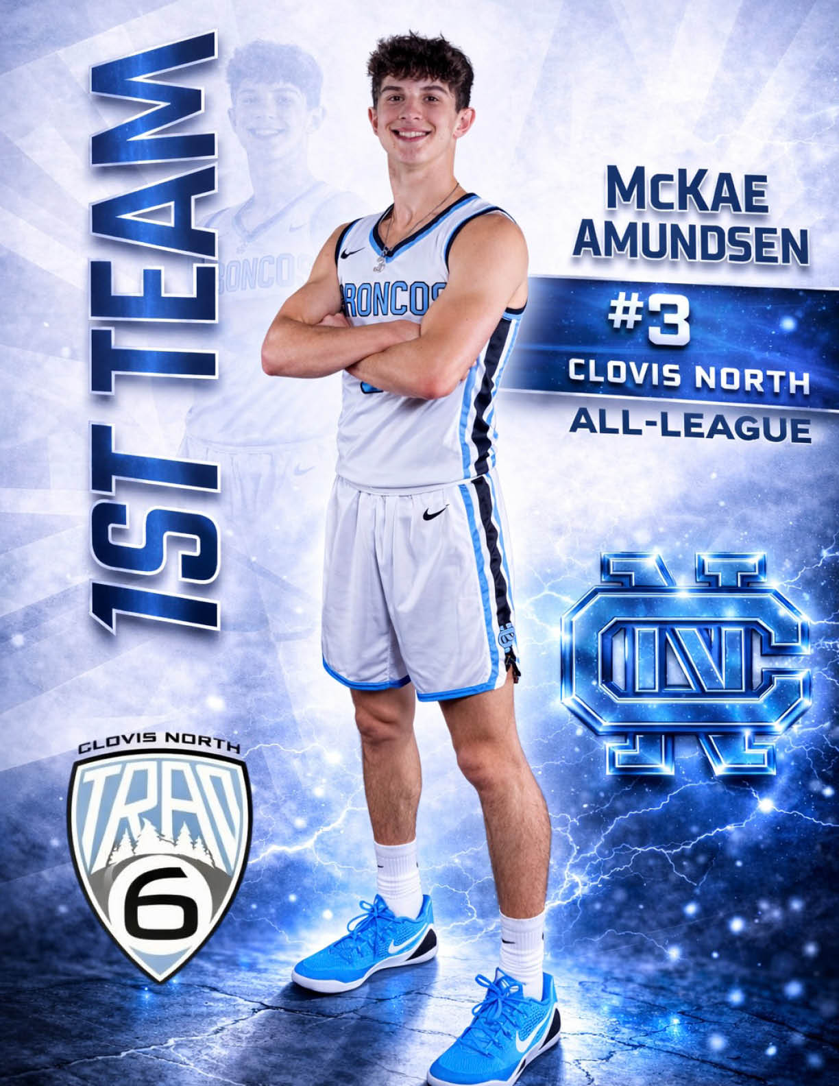 A male basketball player wearing a blue and white uniform poses for a photo. AI generated content