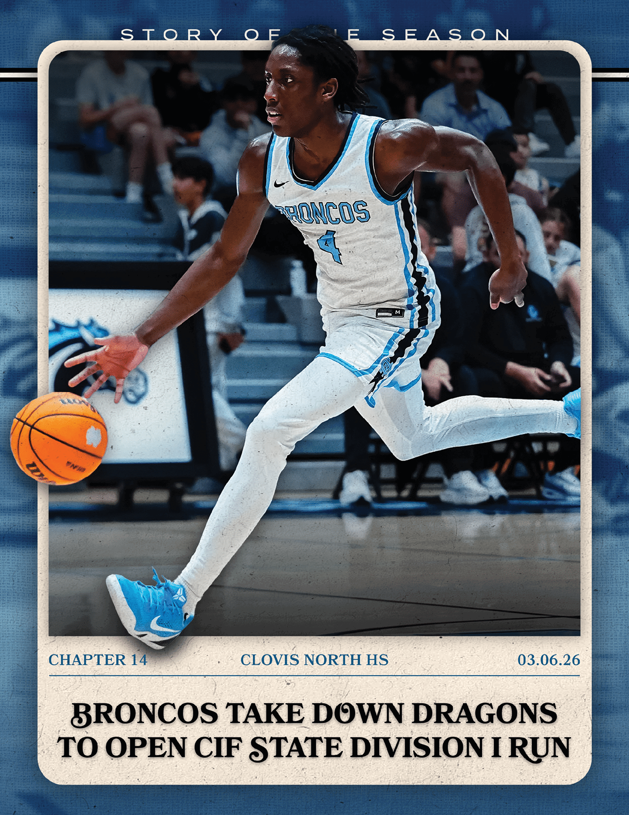 A basketball player in a blue and white uniform is running with a basketball in his hand. AI generated content