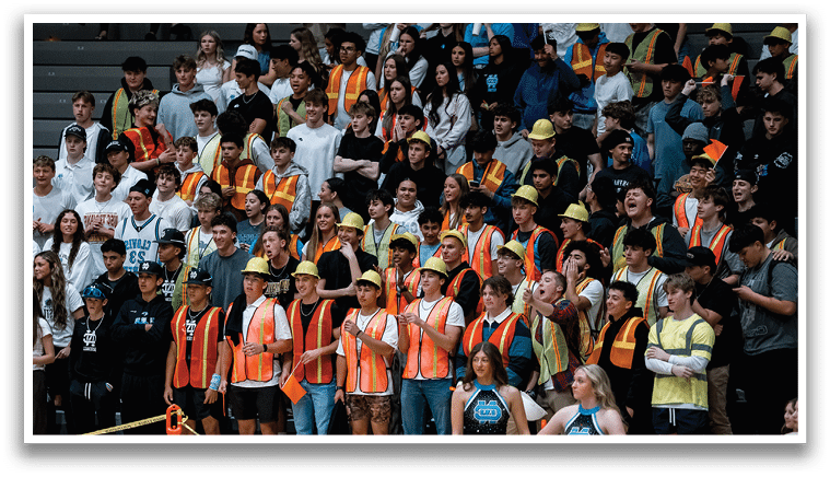 A crowd of people wearing safety vests are standing in front of a group of people wearing white shirts. AI generated content