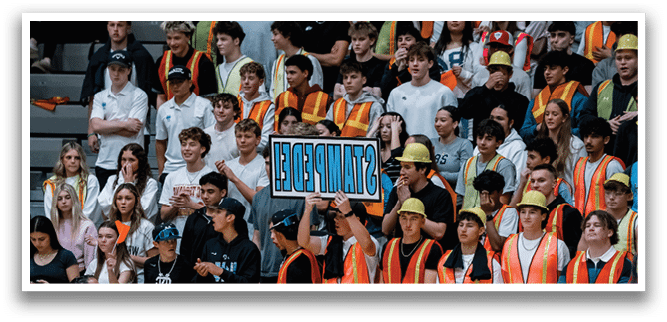 A group of people wearing orange vests are standing in front of a crowd of people. AI generated content