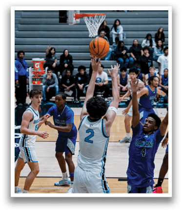 A group of people playing basketball, with one man attempting to shoot the ball. AI generated content