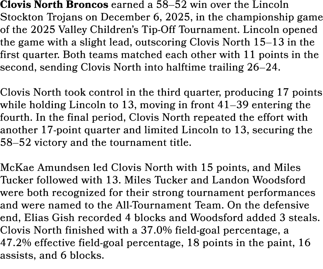 Clovis North Broncos earned a 58–52 win over the Lincoln Stockton Trojans on December 6, 2025, in the championship ga...